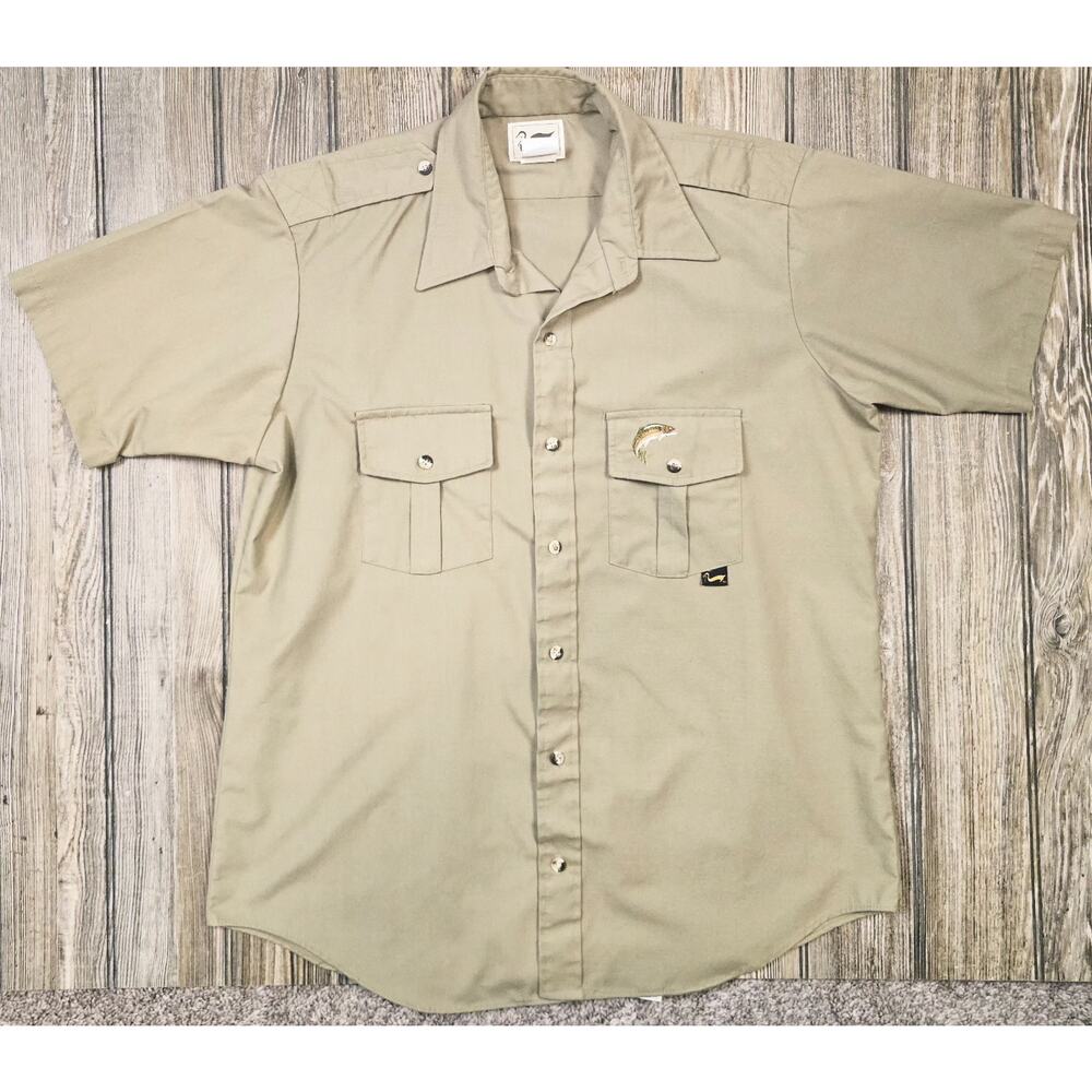 Vintage Duxbak Safari Style Button Shirt Rainbow Trout Mens Large Beige Pockets